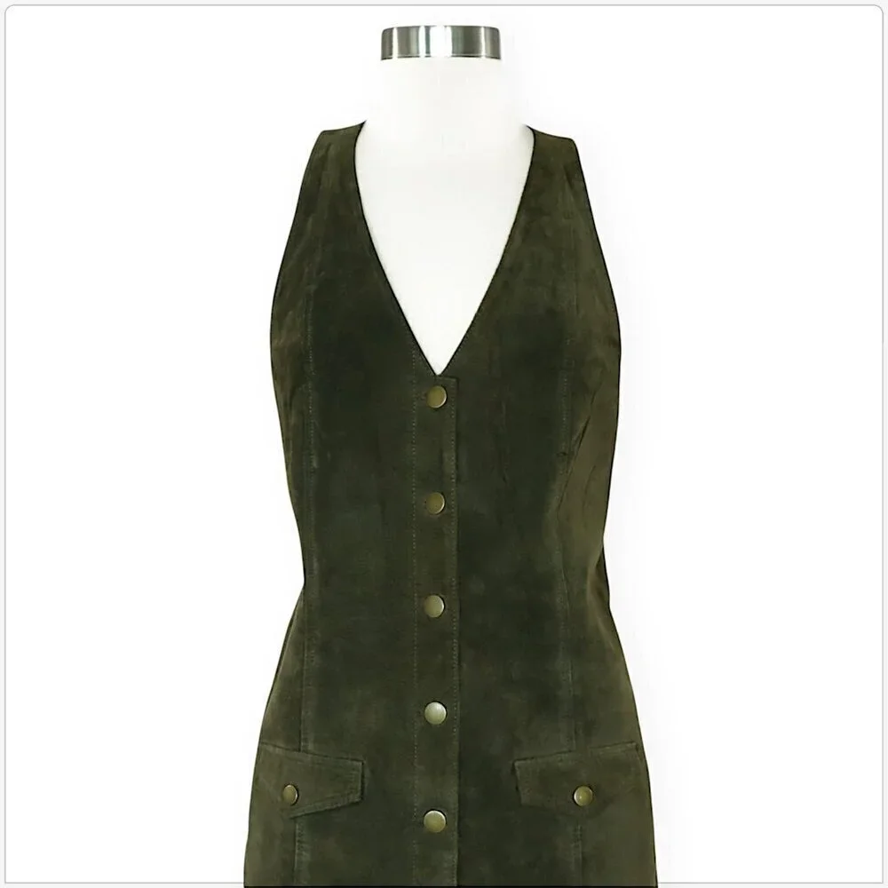 Cooperative UO Paulina Olive Green Suede Leather Button Down Mini Jumper Dress S